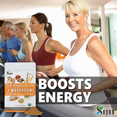 Sayan 7 Mushrooms powder scoop emphasizes versatile use in coffee, tea, or smoothies