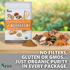 Sayan 7 Mushrooms smoothie image shows superfood blend fueling workouts
