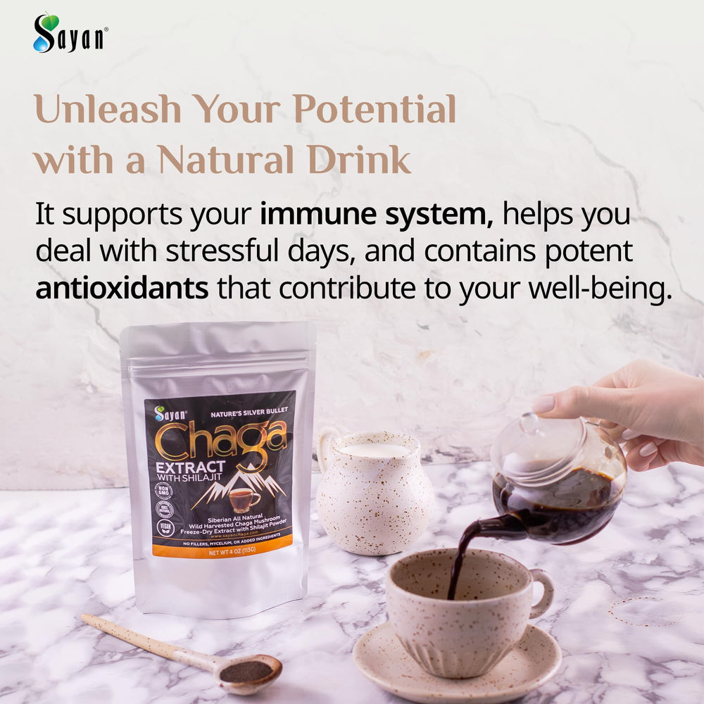Glass of Sayan chaga tea for daytime vitality.