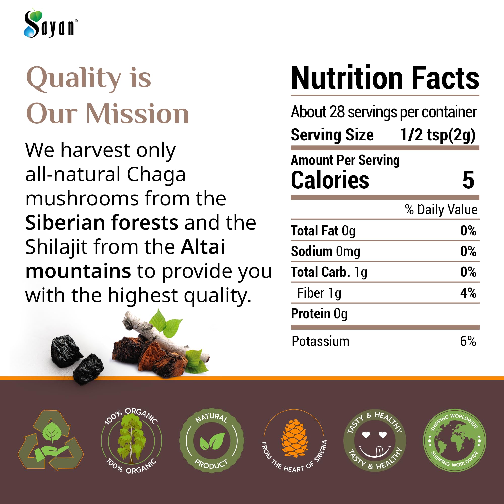 Infographic of chaga and shilajit ingredients with antioxidants.