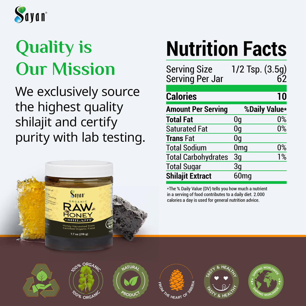 Sayan Organic Honey with Shilajit resin close-up highlighting purity and antioxidants