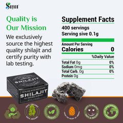 Sayan Pure Shilajit Resin packaging box conveys 265 servings promise.