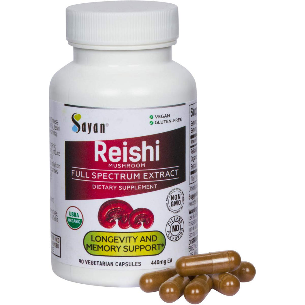 Sayan Reishi bottle front highlighting organic, vegan immune support.