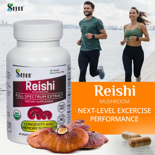 Sayan Reishi bottle label detail emphasizing purity and non-GMO formula.