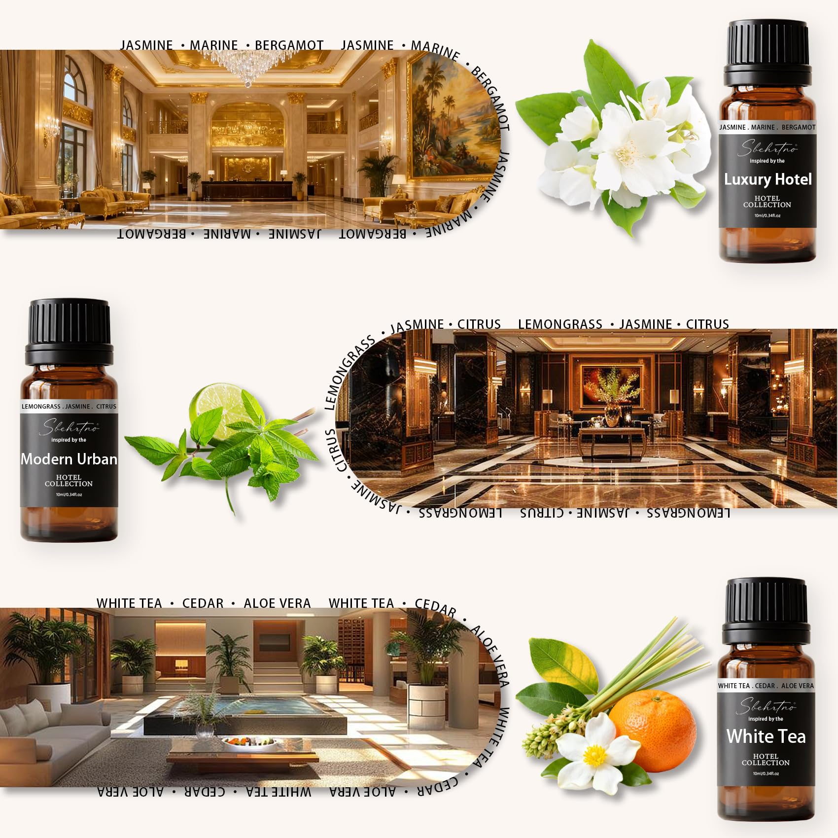 Sbehrtno diffuser oil packaging display emphasizes hotel-inspired ambiance