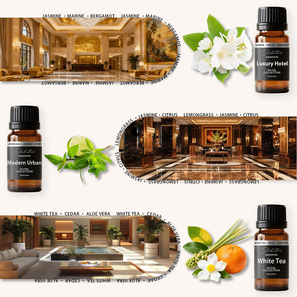 Sbehrtno diffuser oil packaging display emphasizes hotel-inspired ambiance