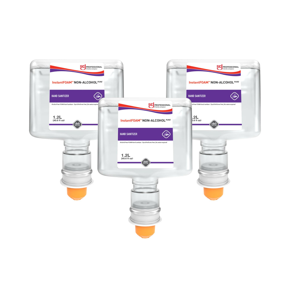 SC Johnson InstantFOAM non-alcohol sanitizer bottle dispenses moisturizing foam for quick hand hygiene