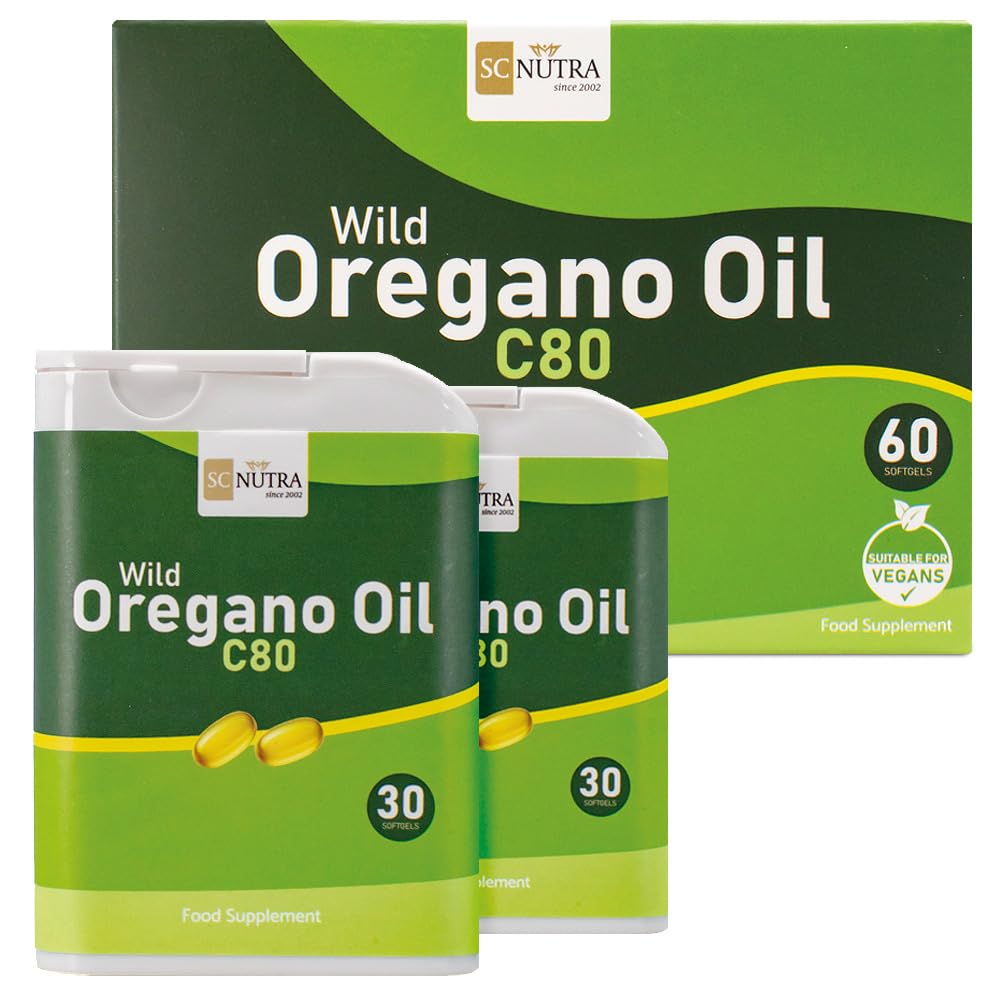 SC Nutra Wild Oregano Oil C80 vegan softgels bottle, clean two-ingredient formula