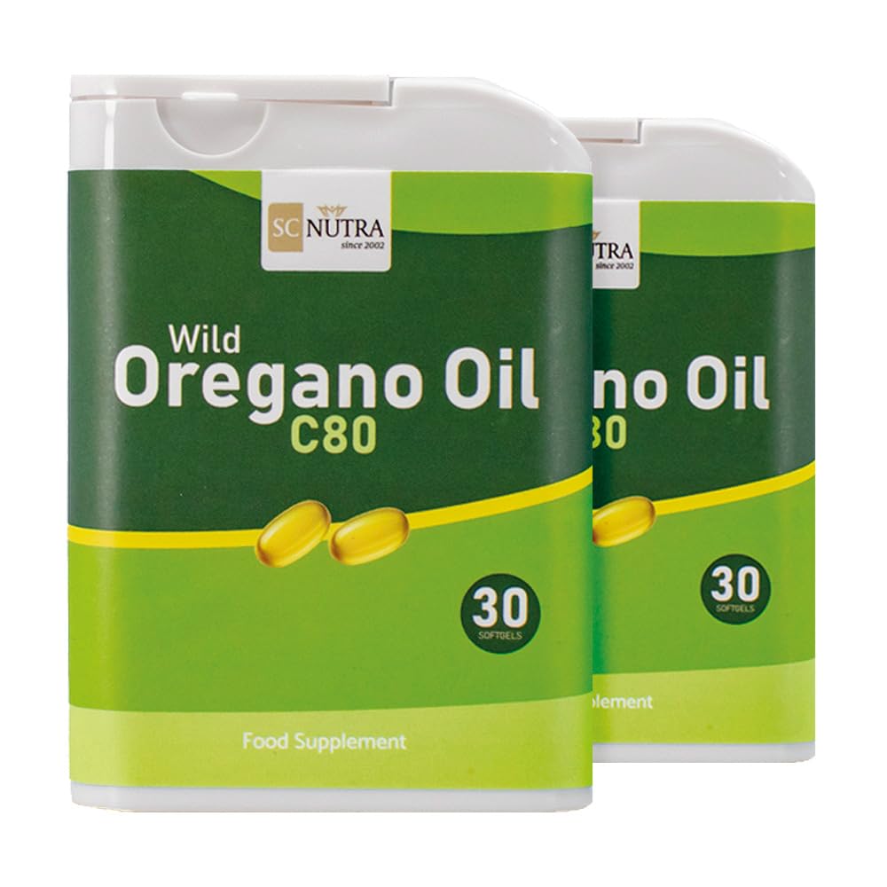 SC Nutra Wild Oregano Oil C80 closeup of vegan capsule and oil
