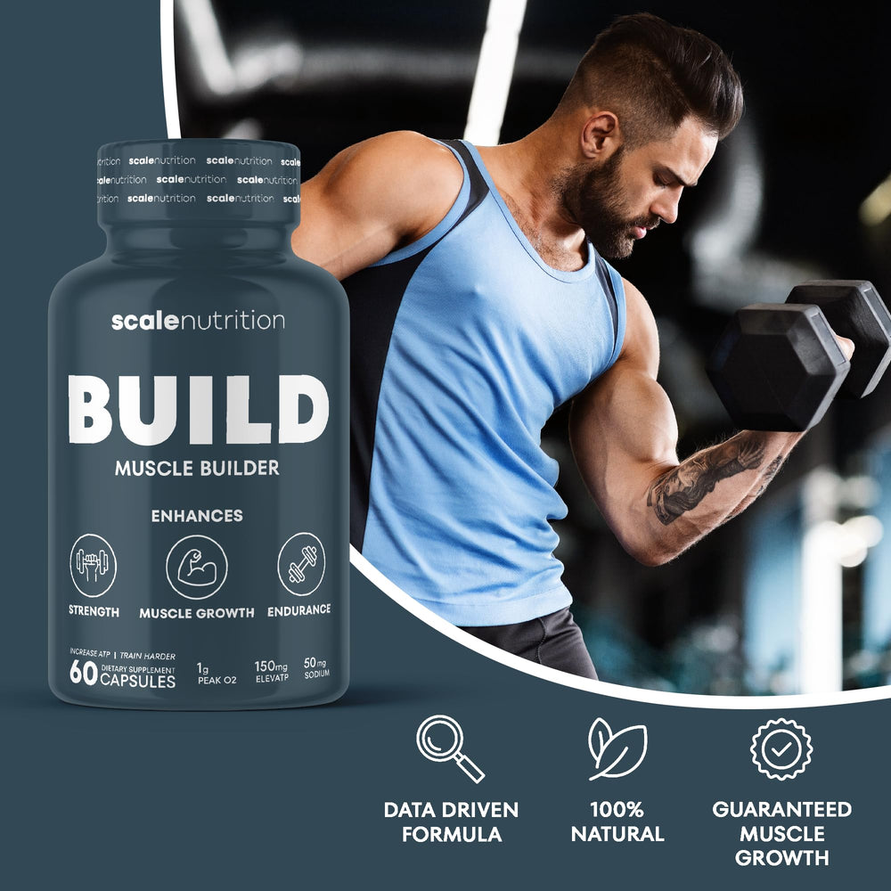 Scale Nutrition Build label close-up emphasizing PeakO2 and ElevATP for enhanced energy.