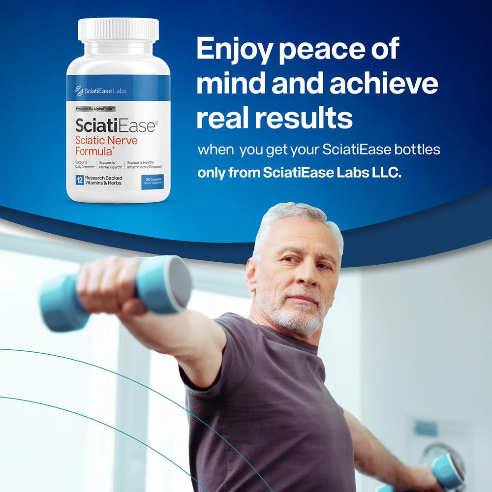 SciatiEase dosing guide showing two capsules morning and night.