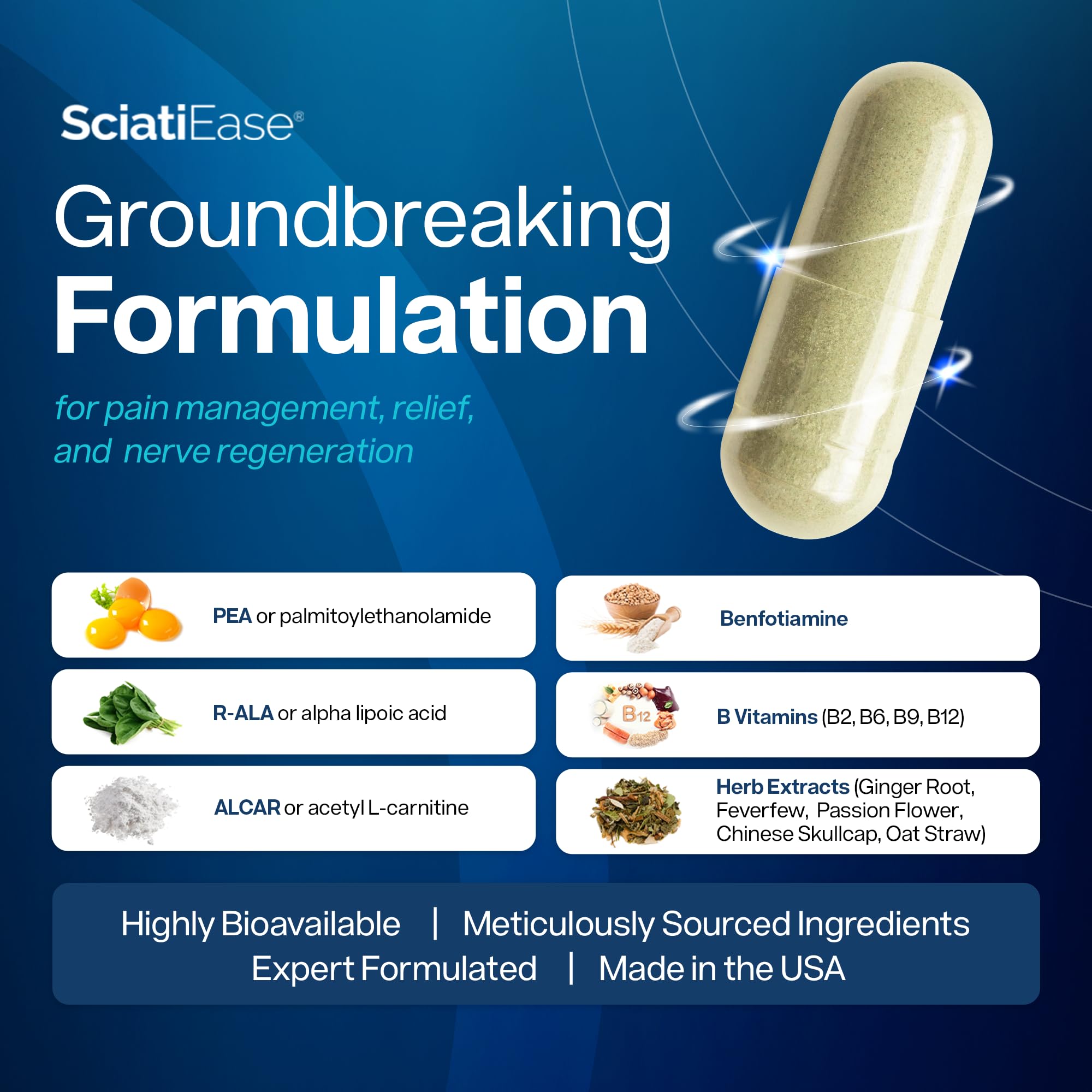 SciatiEase PEA blend capsules for potential nerve comfort.