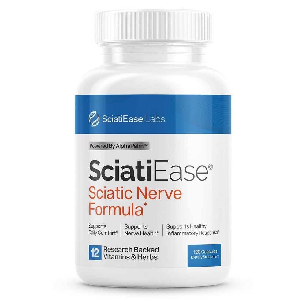 SciatiEase bottle with sciatic nerve supplement capsules for daily nerve support.