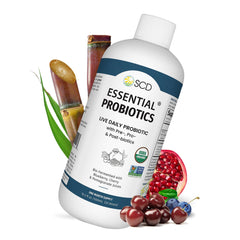 SCD Probiotics bottle with pour top for simple daily dosing.