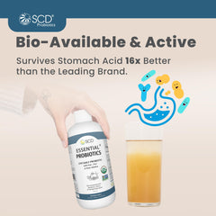SCD Probiotics liquid in a glass showing smooth texture.