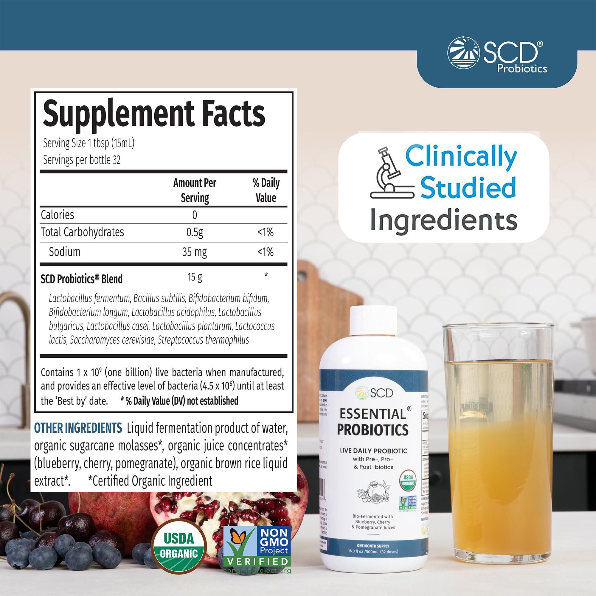 SCD Probiotics bottle pour highlights convenient on-the-go gut health support.