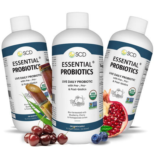 SCD Probiotics Essential Probiotics bottle for daily gut support on the go.