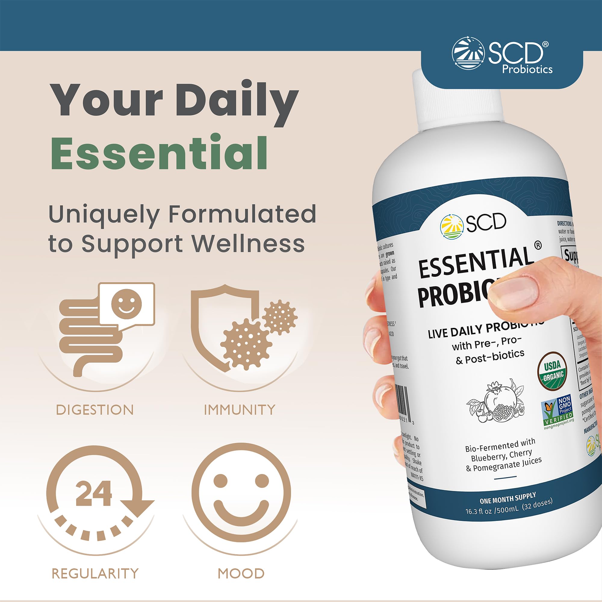 SCD Probiotics Essential Probiotics label closeup highlights organic, non-GMO formulation.