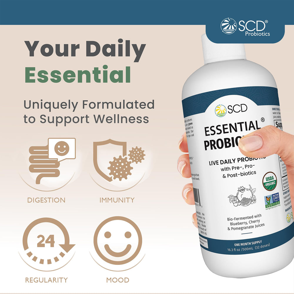 SCD Probiotics Essential Probiotics label closeup highlights organic, non-GMO formulation.