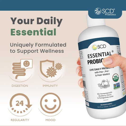 SCD Probiotics Essential Probiotics label closeup highlights organic, non-GMO formulation.