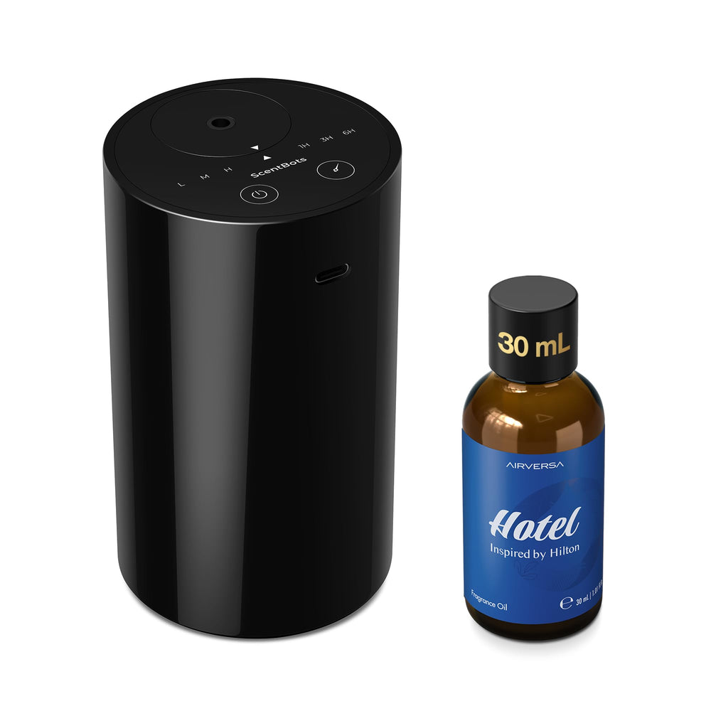 ScentBots waterless diffuser front view for hotel-inspired room fragrance.