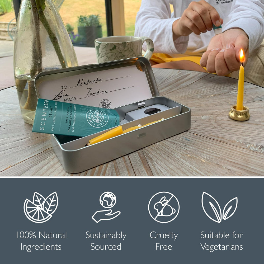 Scentered balm on wrists for quick mood reset during meditation