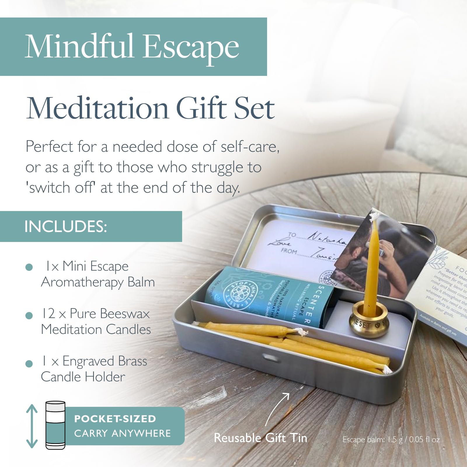 Scentered brass holder with Stop Inhale Reset engraving enhances meditation ambience