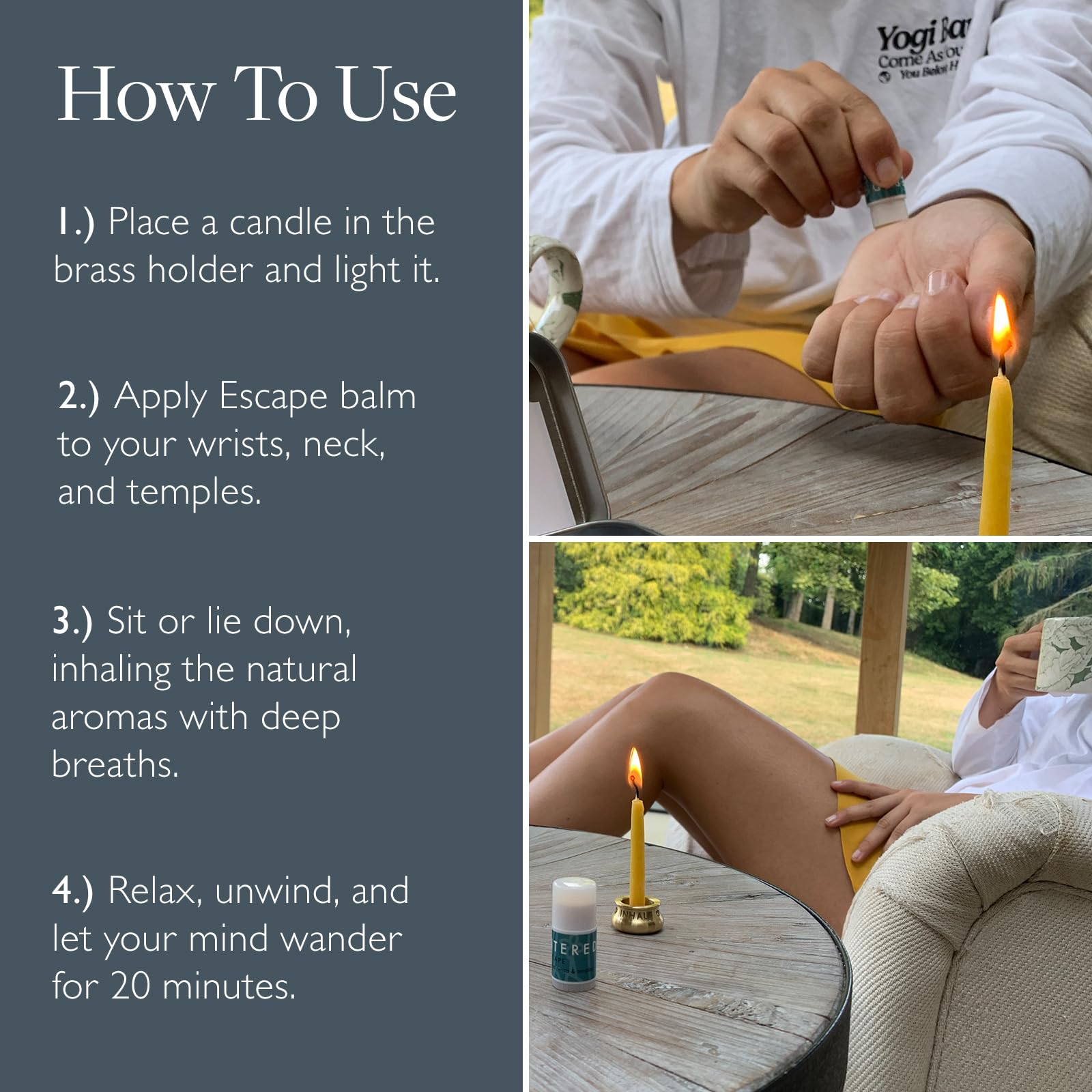 Scentered candle setup shows Stop Inhale Reset cue for breathing practice