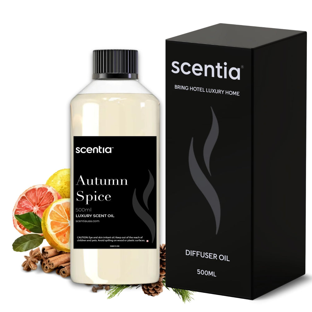 Scentia Autumn Spice bottle pour highlights pumpkin spice notes for inviting spaces.