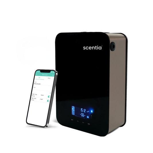 Scentia CASA SC 2000 black front view showing the sleek diffuser for large spaces