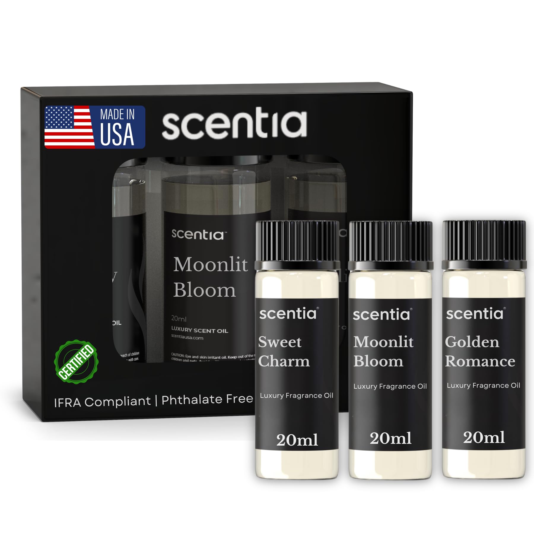 Scentia Love Collection fragrance bottles in a diffuser-ready tri-pack