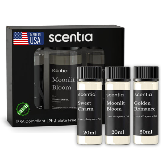 Scentia Love Collection fragrance bottles in a diffuser-ready tri-pack