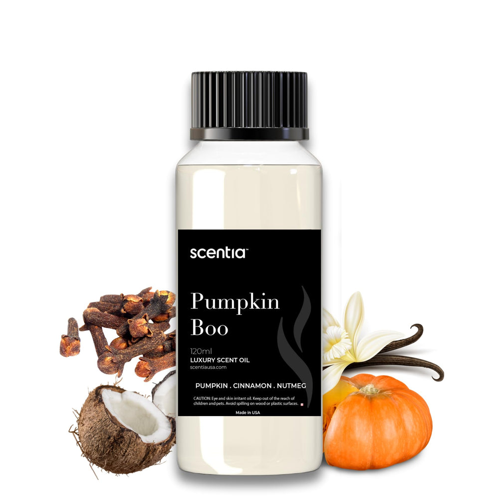 Scentia Pumpkin Boo bottle pour showcases cozy pumpkin spice aroma for home diffusion.