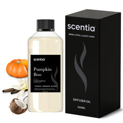Scentia Pumpkin Boo bottle pour illustrating warm pumpkin spice aroma for diffusers