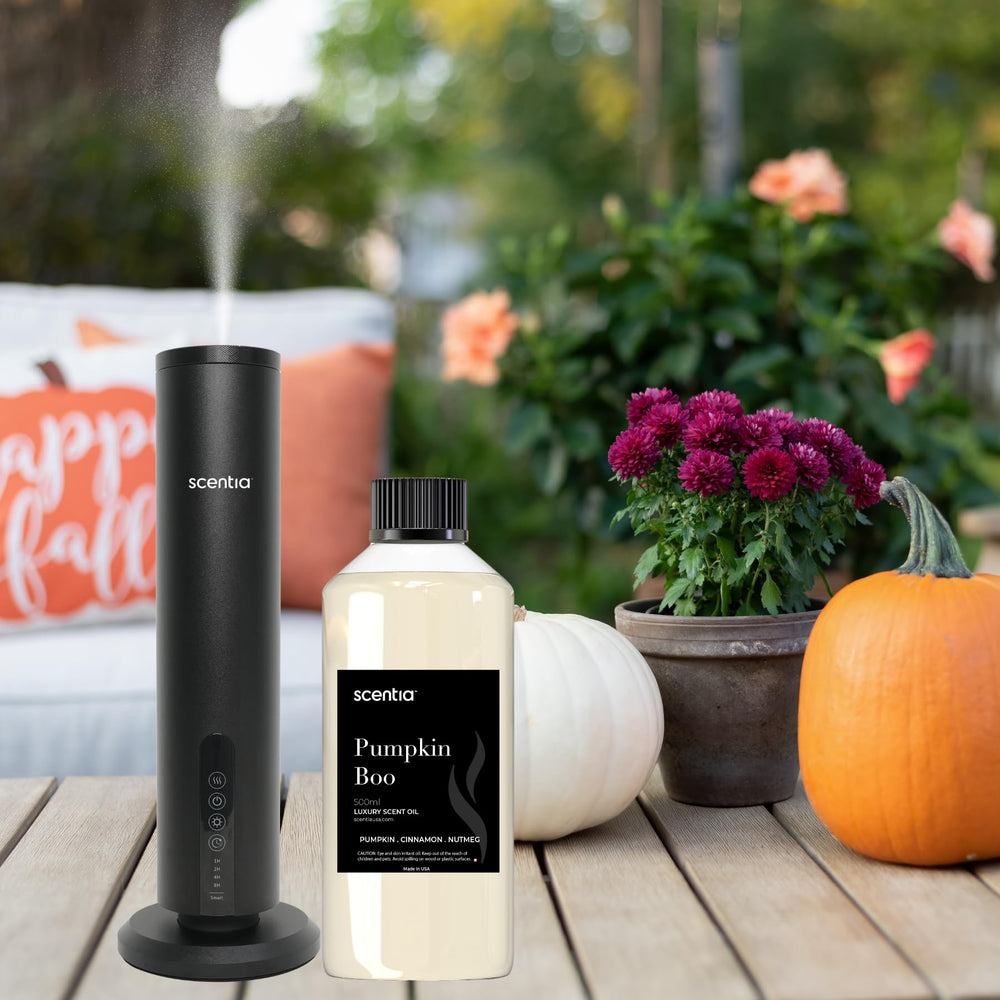Scentia Pumpkin Boo diffuser set shown in a cozy autumn scene for home fragrance