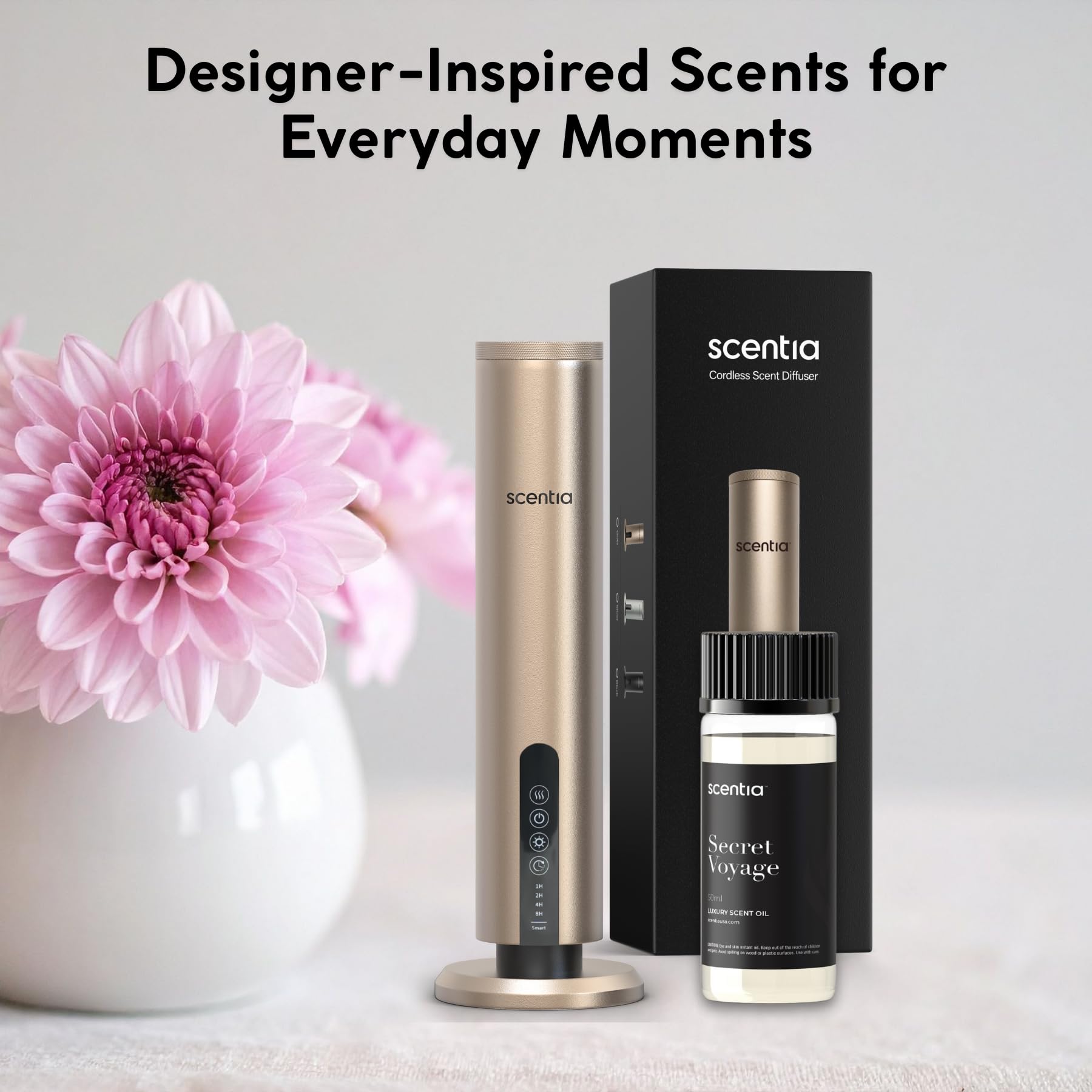 Scentia Secret Voyage in bedroom scene with jasmine and cedar notes.