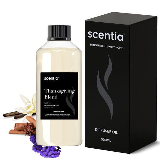 Scentia Thanksgiving Blend bottle showing warm holiday notes for cozy home fragrance