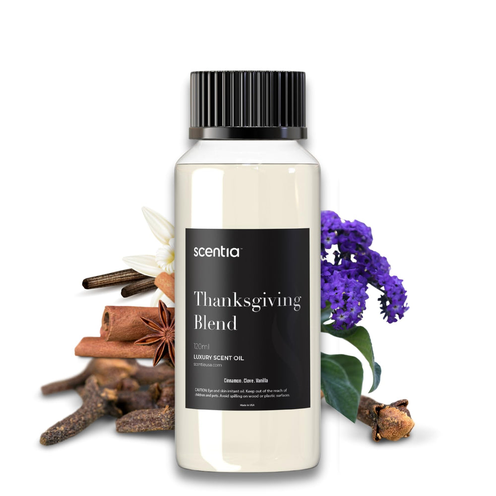 Scentia Thanksgiving Blend bottle showing warm cinnamon and vanilla aroma for cozy rooms