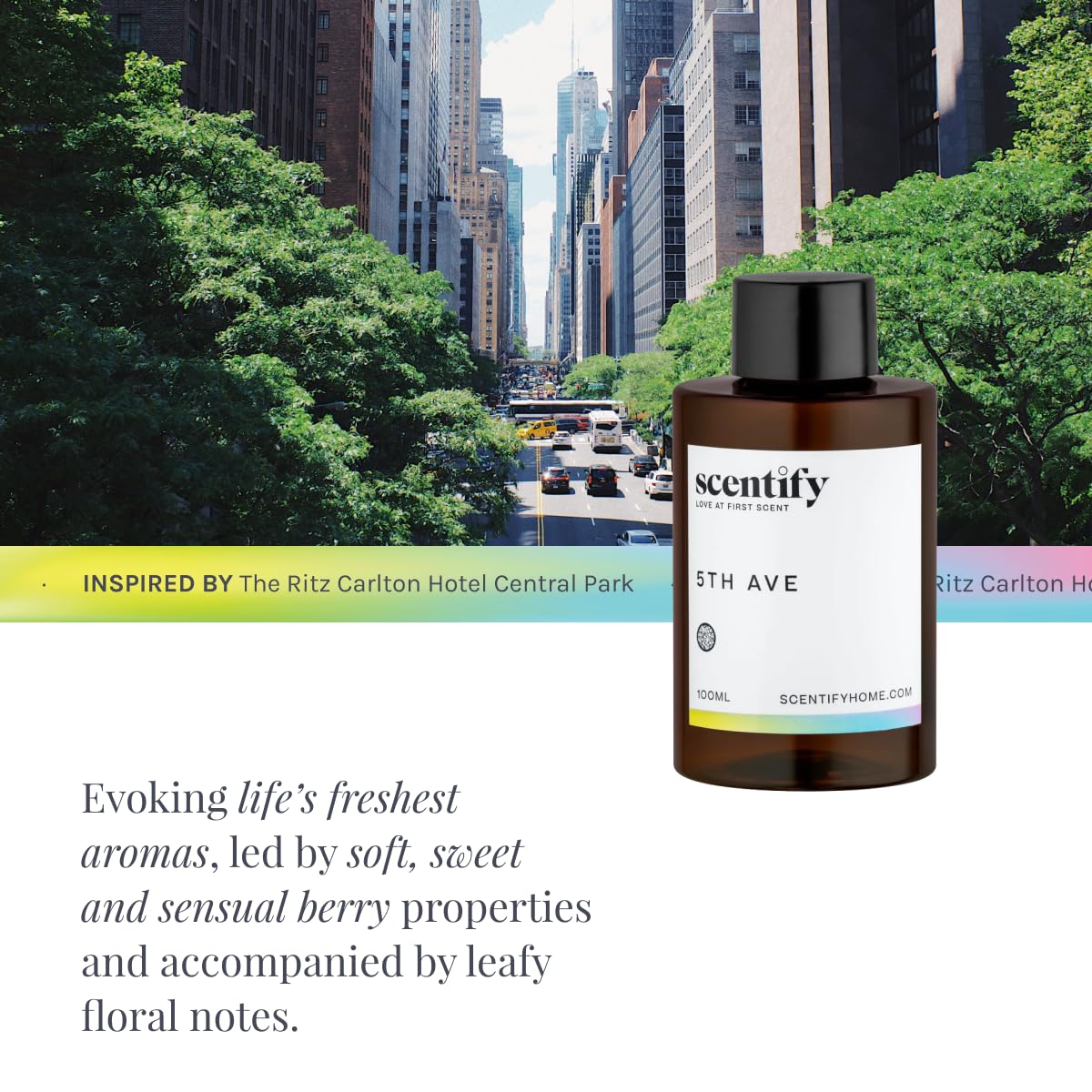 Scentify 5th Ave aroma oil bottle creates boutique hotel-inspired ambiance.