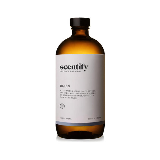 Scentify Bliss diffuser fragrance bottle highlights white tea and powdery notes for calm rooms.