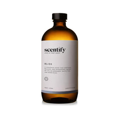 Scentify Bliss diffuser fragrance bottle highlights white tea and powdery notes for calm rooms.