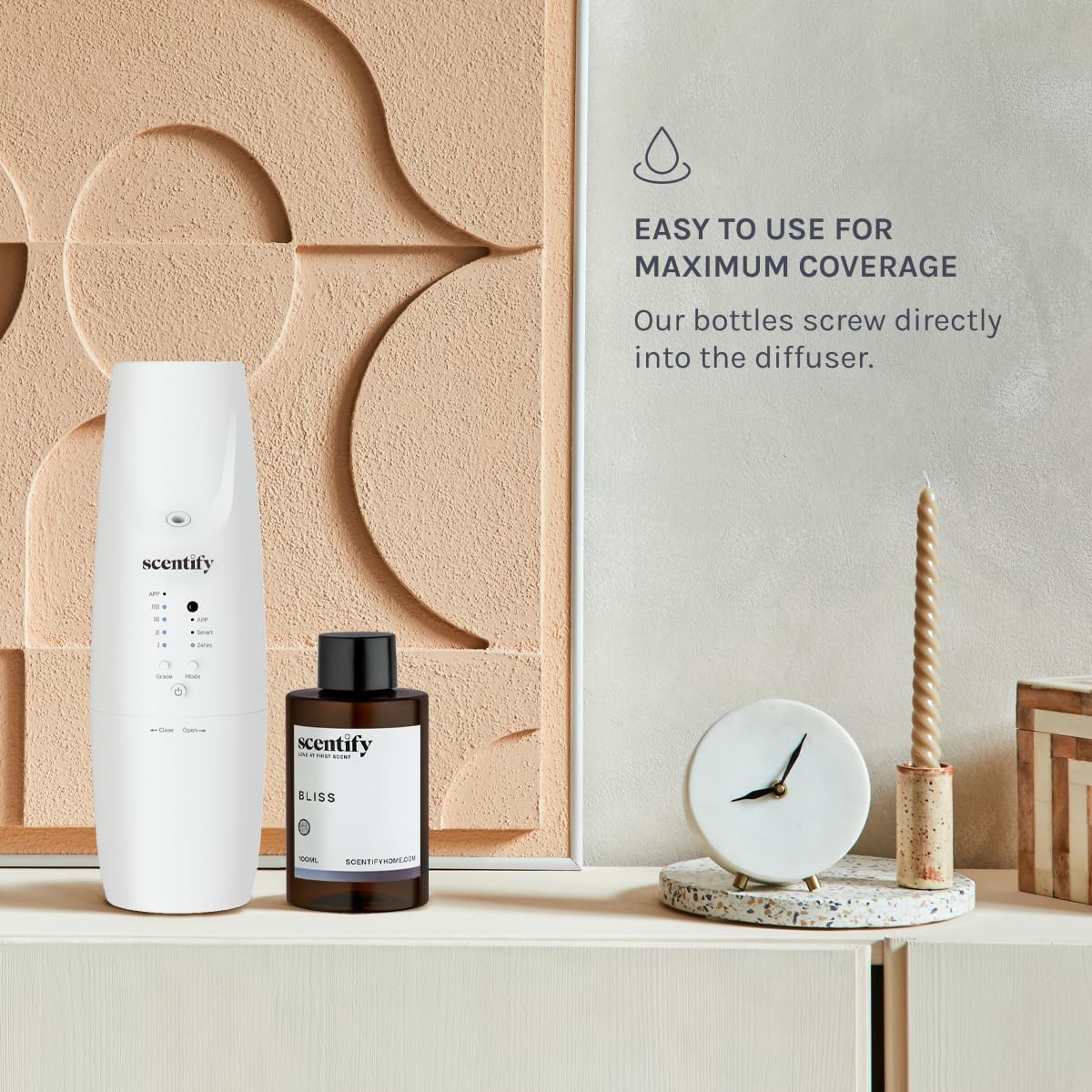 Scentify Bliss spa-like room setup using diffuser to refresh spaces.