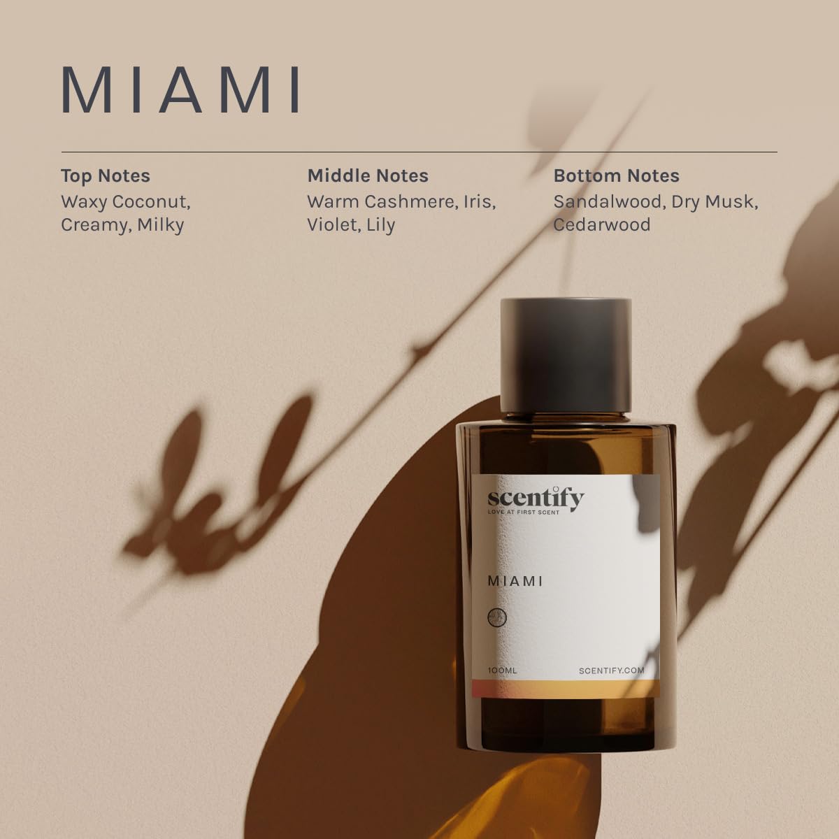 Scentify Miami diffuser refill highlights sandalwood and dry musk for spa-like calm.