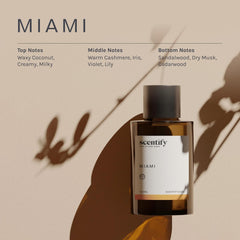 Scentify Miami diffuser refill highlights sandalwood and dry musk for spa-like calm.