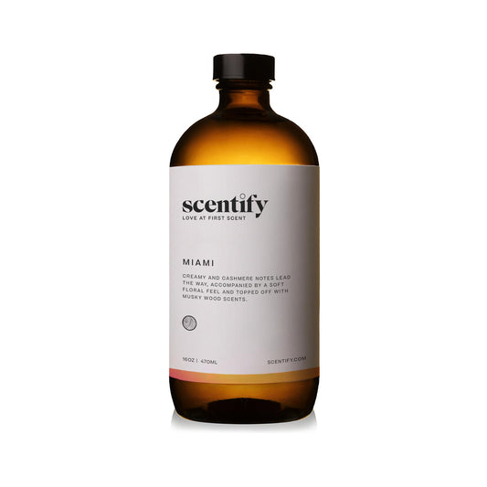Scentify Miami aroma oil refill featuring warm cashmere and iris for cozy evenings.