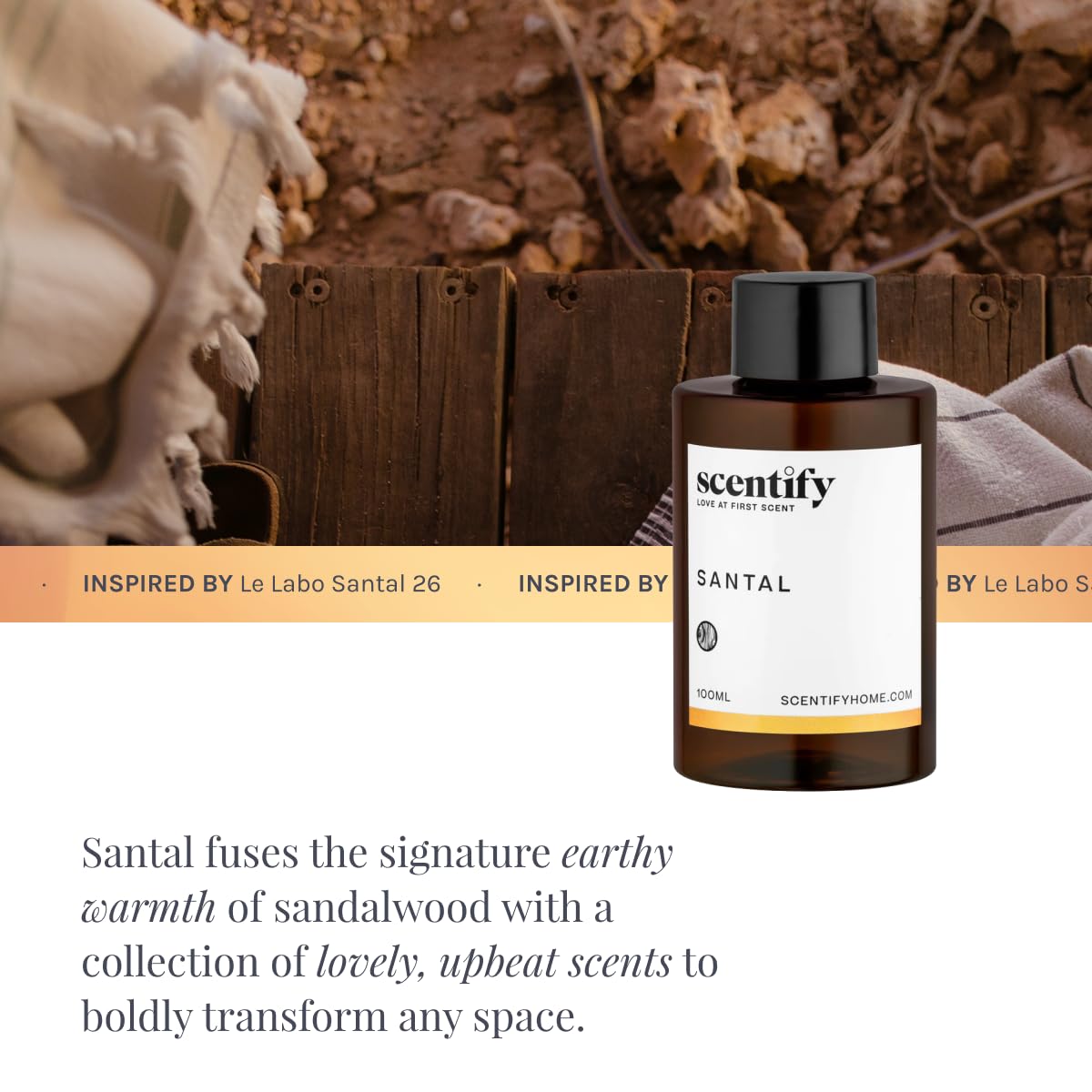 Scentify Santal aroma oil packaging in amber bottle, gift-ready and premium