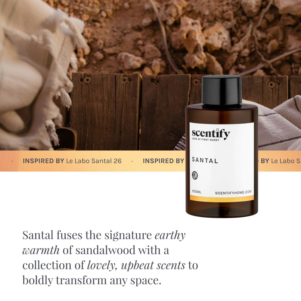 Scentify Santal aroma oil packaging in amber bottle, gift-ready and premium