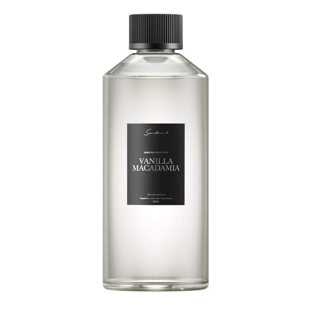 Scentiment Vanilla Macadamia fragrance bottle 500ml promotes warm, inviting ambience in living spaces.
