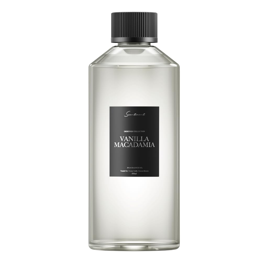 Scentiment Vanilla Macadamia fragrance bottle 500ml promotes warm, inviting ambience in living spaces.