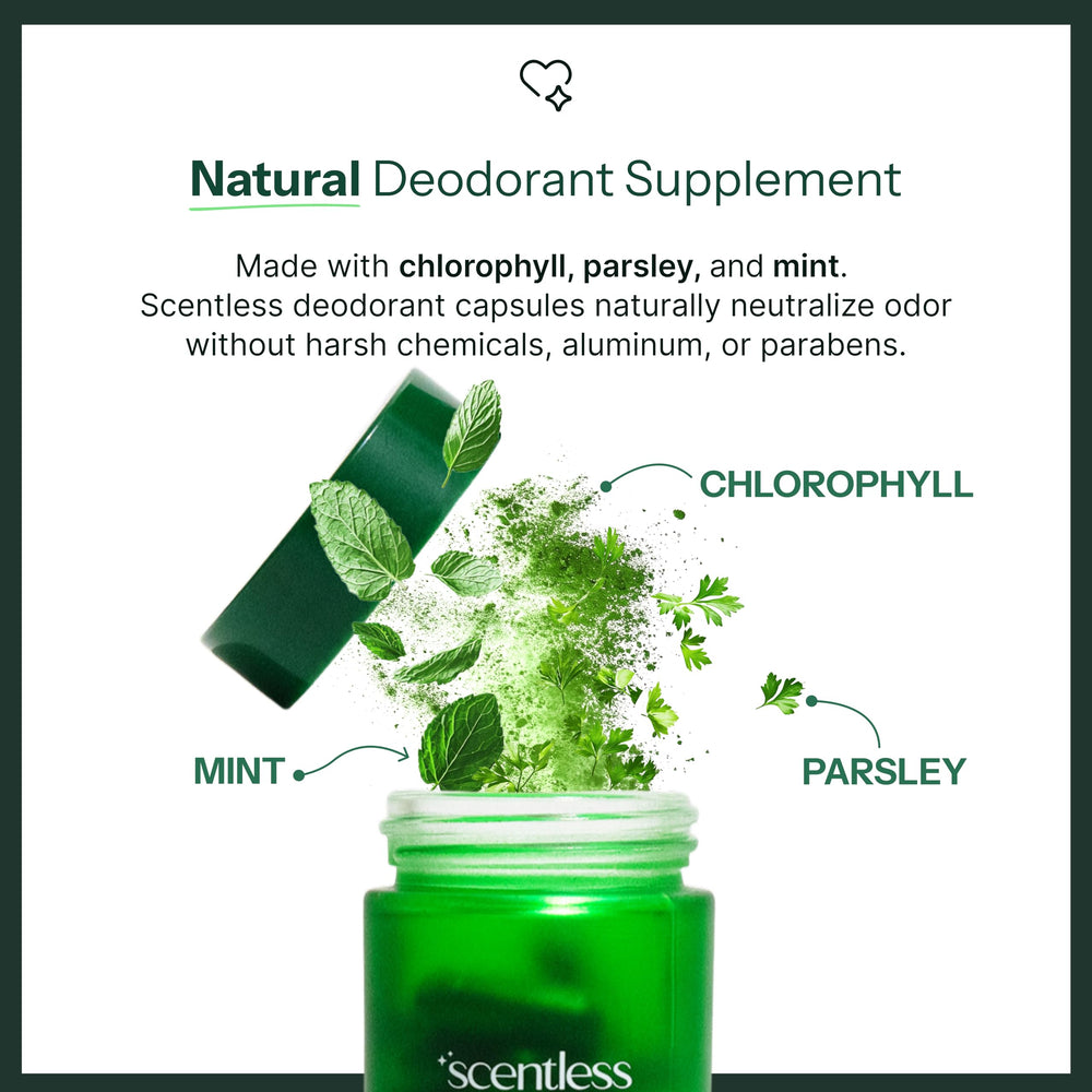 Scentless daily capsule close-up for full-body odor management.